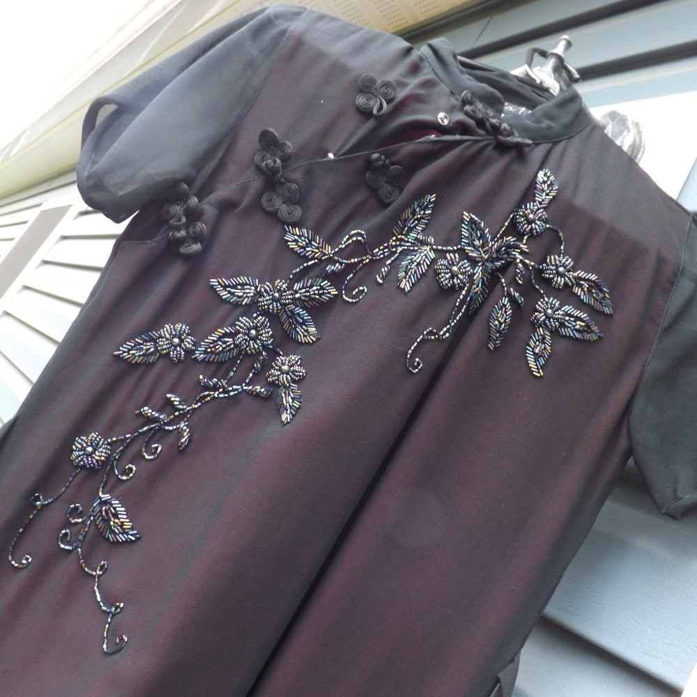 Lola P embroidered floral black and red dress